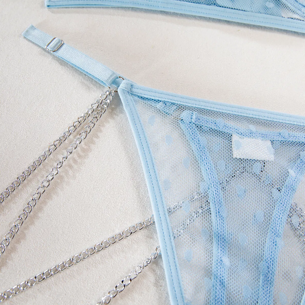 Sexy Blue Polka DOT Metal Chain Women Underwear Set Wholesale Breathable 2PCS Lingerie