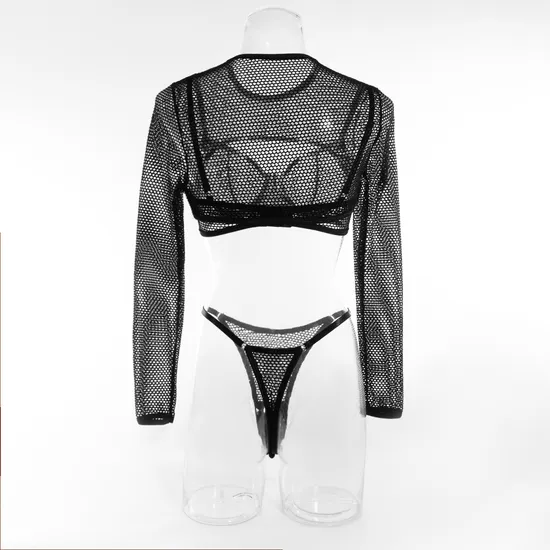 Sexy Long Sleeve Fishnet Mesh Woman Underwear Set Hot See-Through Solid Color Lingerie