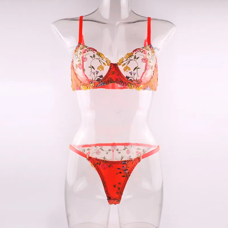Wholesale Floral Embroidery Transparent Underwear Set Sexy 2 Piece Ladies Lingerie