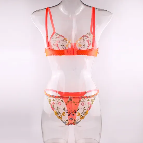 Wholesale Floral Embroidery Transparent Underwear Set Sexy 2 Piece Ladies Lingerie