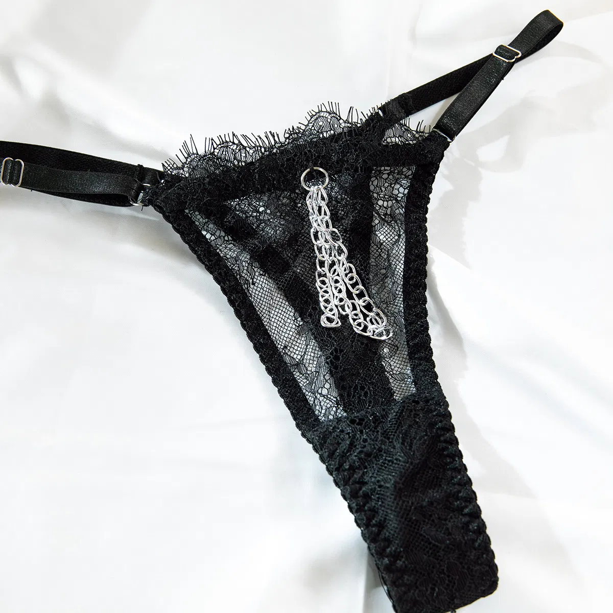 Sexy Embroidery Eyelash Lace Bra and Panties Set Hot See-Through Metal Chain Woman Lingerie