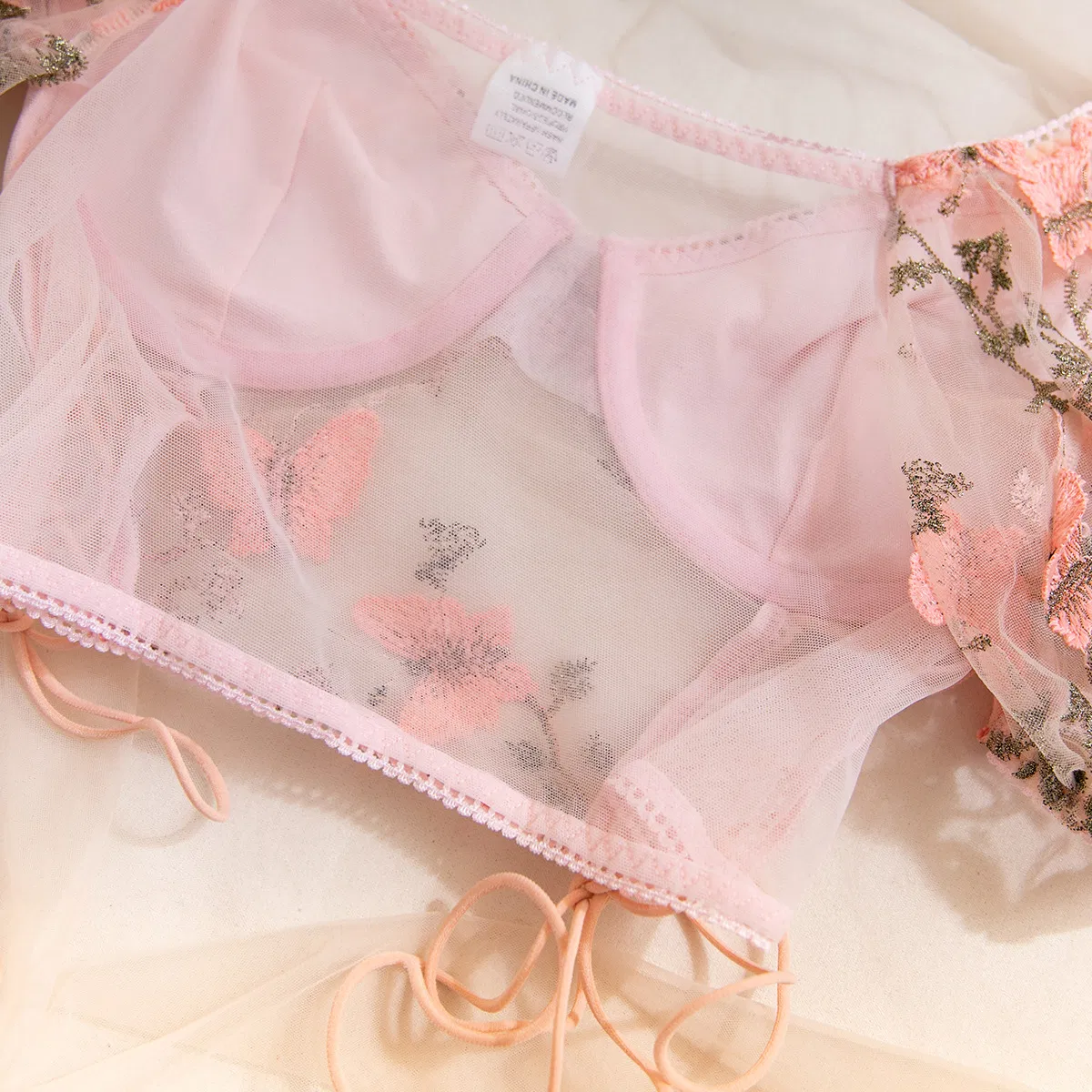 Wholesale Floral Embroidery Bubble Sleeve Underwear Set Sexy See-Through 2-Piece Lingerie