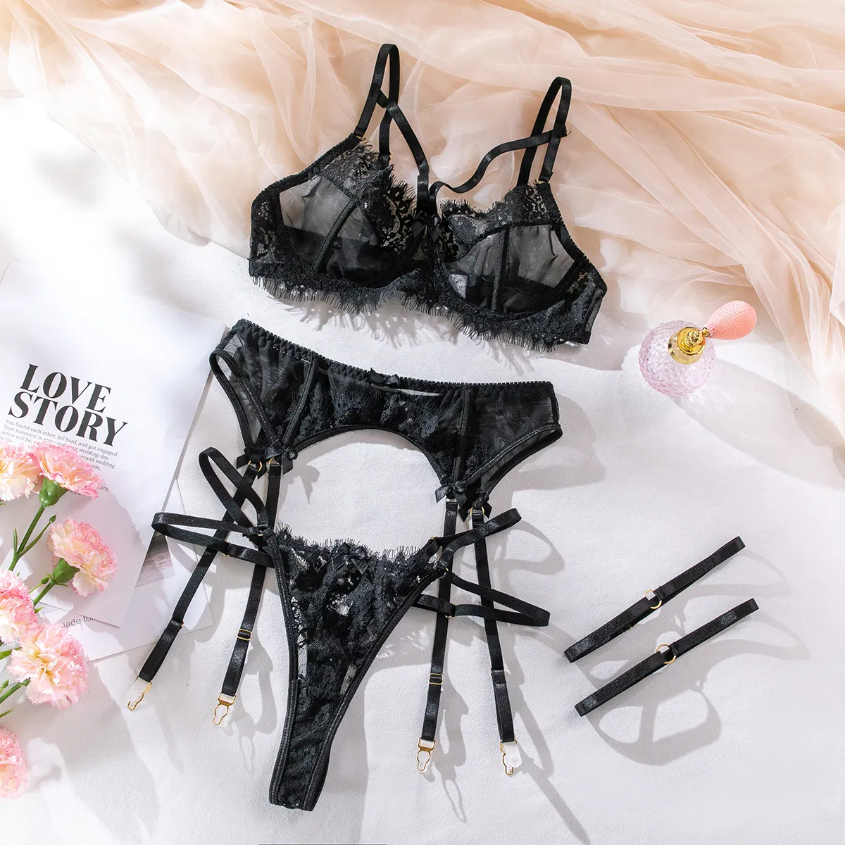 Hot Eyelash Lace Underwear Set Wholesale Transparent Mesh Woman Lingerie