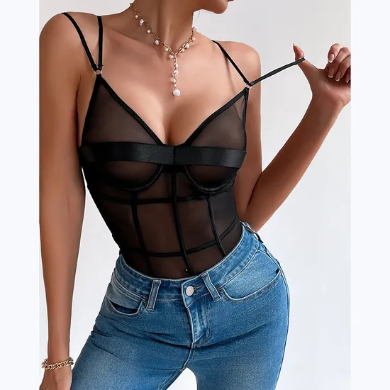 Wholesale See-Through Mesh Underwear for Woman Sexy Solid Color One-Piece Lingerie