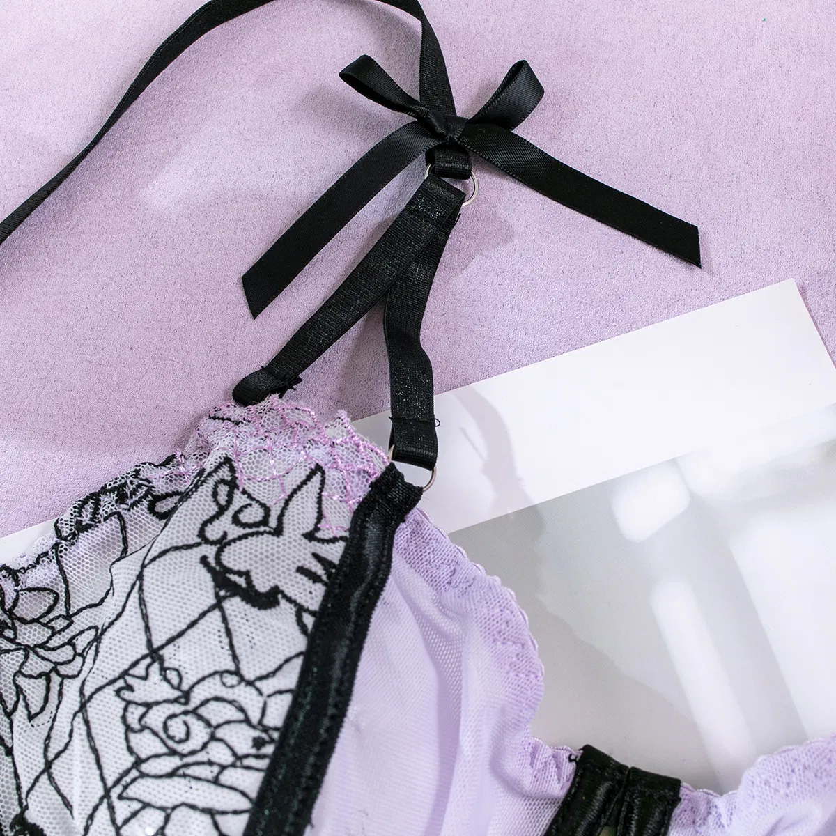 Sexy Erotic Perspective Mesh Woman Bra Set Hot Sale Bow Knot 3PCS Lingerie