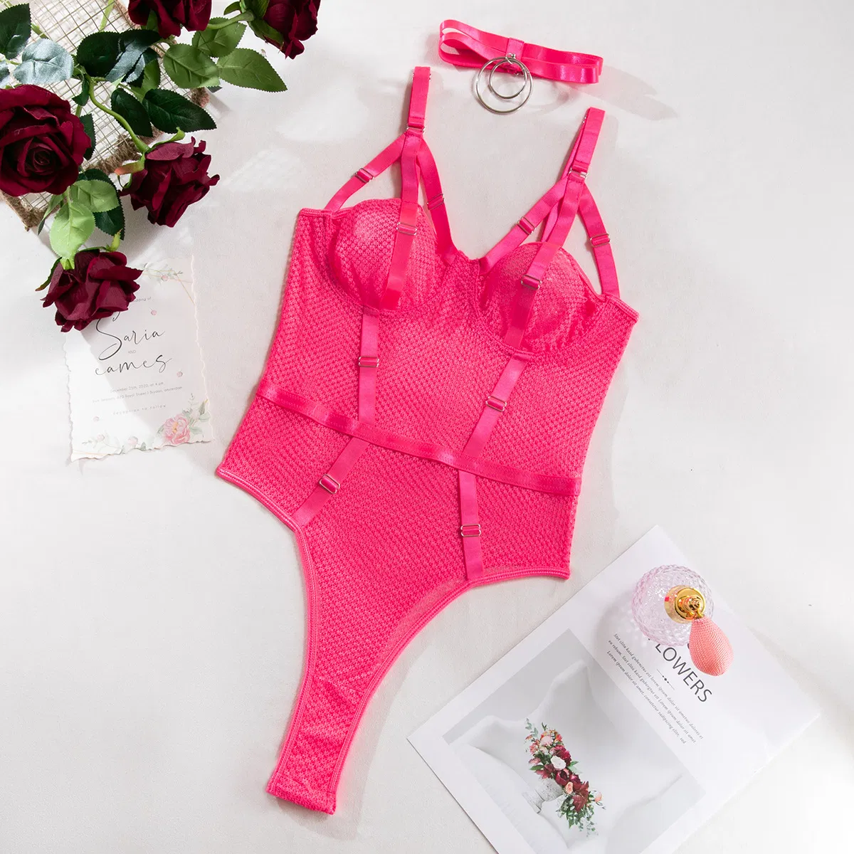 Hot Sale See-Through Fishnet Mesh Woman Bra Set Sexy Necklace Solid Color One-Piece Lingerie