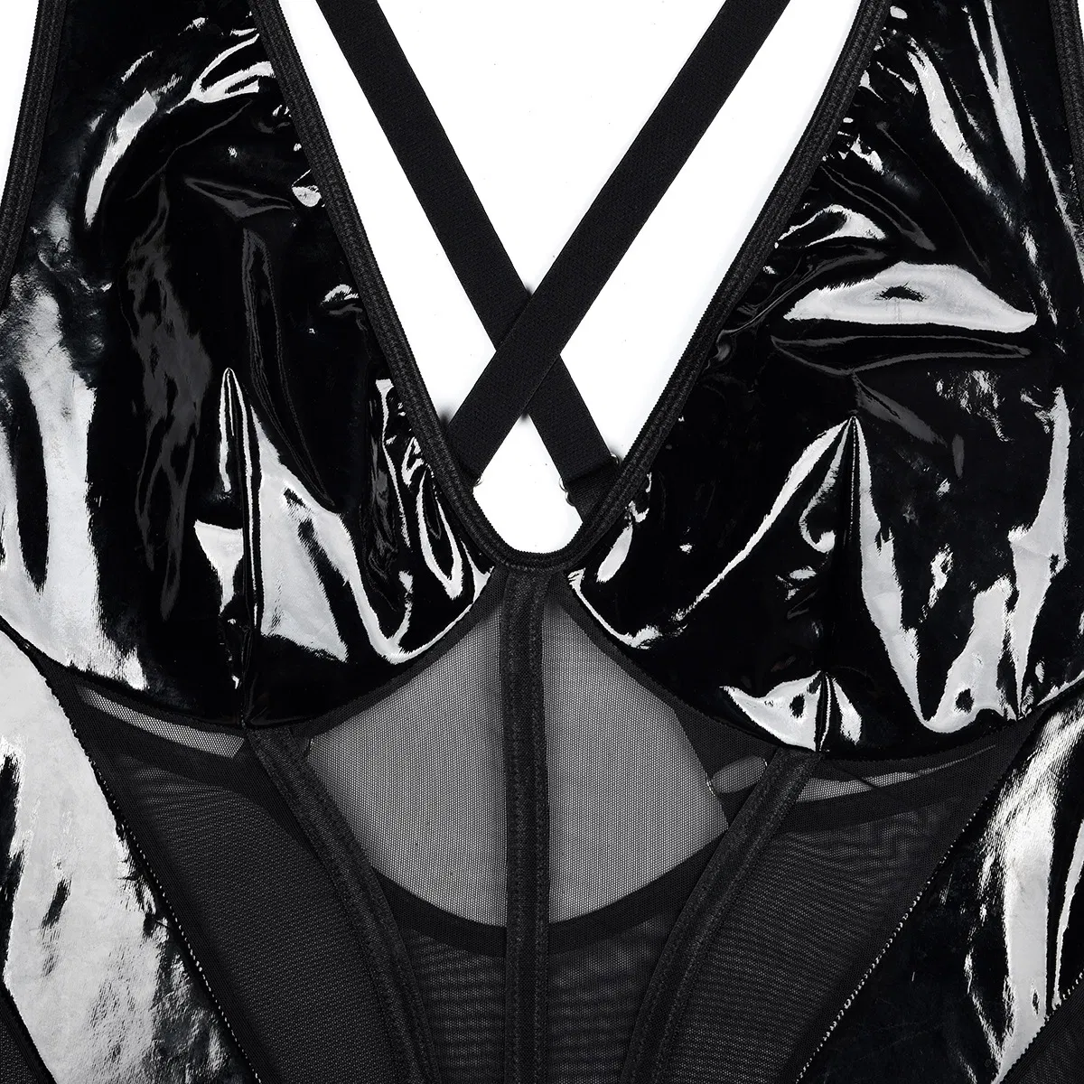 Wholesale Erotic V Neck PU Leather Underwear Set Sexy Sleeveless See-Through Lingerie