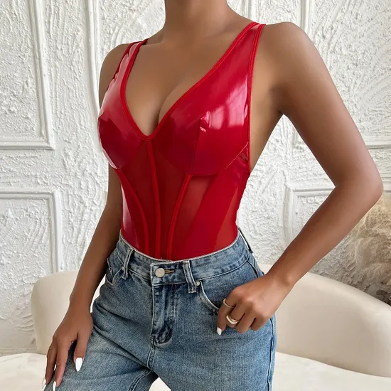 Wholesale Erotic V Neck PU Leather Underwear Set Sexy Sleeveless See-Through Lingerie