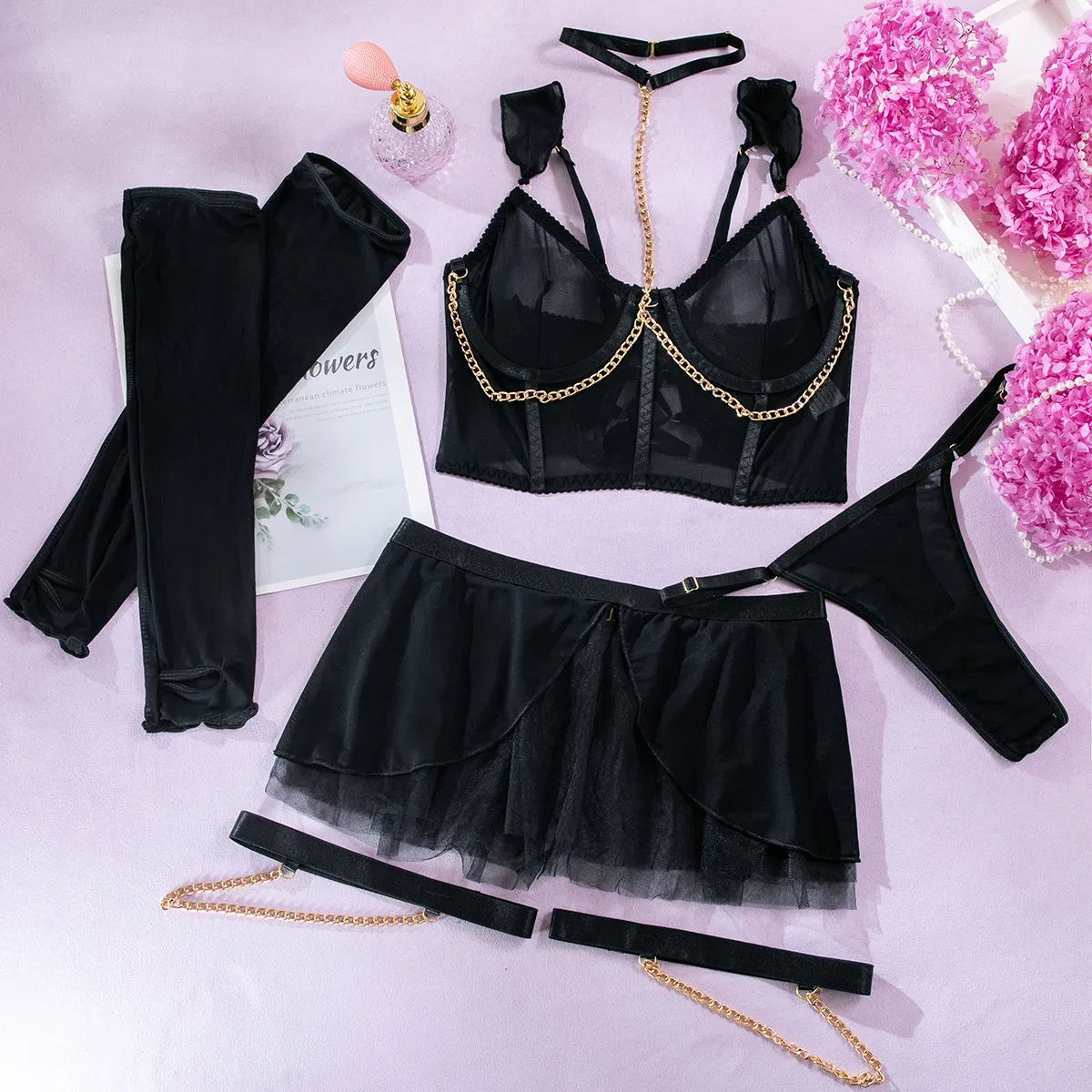 Sexy Ultra-Thin See-Through Mesh Underwear Set with Skirt Hot-Selling Hanging Neck Lingerie