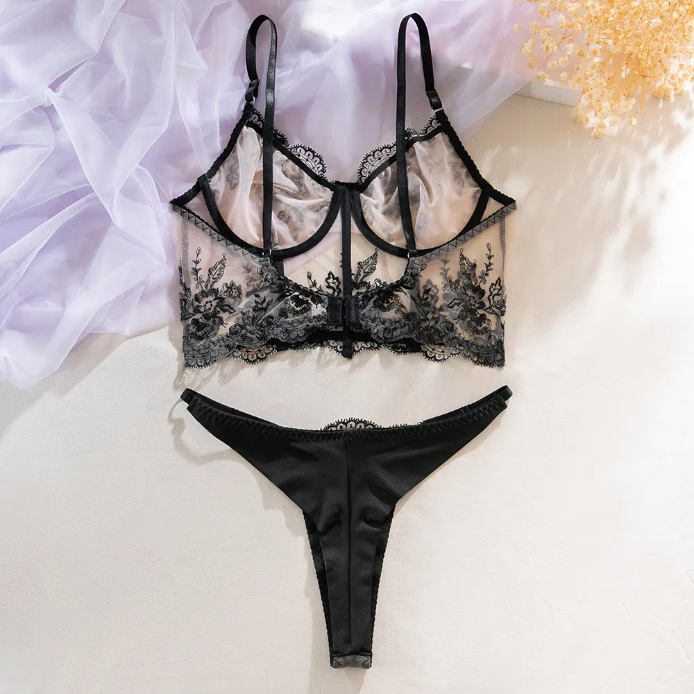 Wholesale Eyelash Lace Fishbone Bra Panty Sets Sexy See-Through Embroidered Women's Lingerie