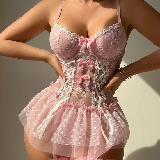 Sexy Embroidery Lace Cross Women's Bra Set Wholesale Cross Tie Bow Lingerie
