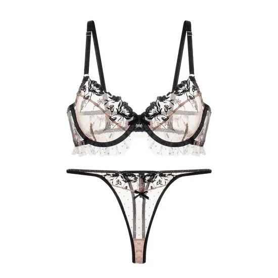 Romantic for Women Ultra-Thin Flower Embroidered Transparent Sexy Lace Bra Set Lingerie