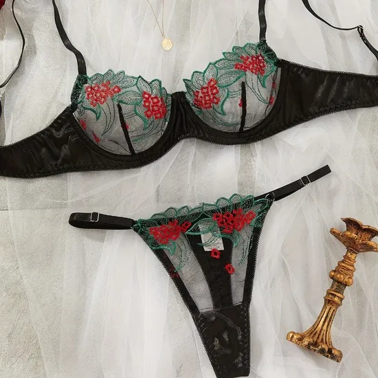 French Ultra-Thin Embroidered Hollow out See-Through Mesh Underwear Set Bra Sexy Lingerie
