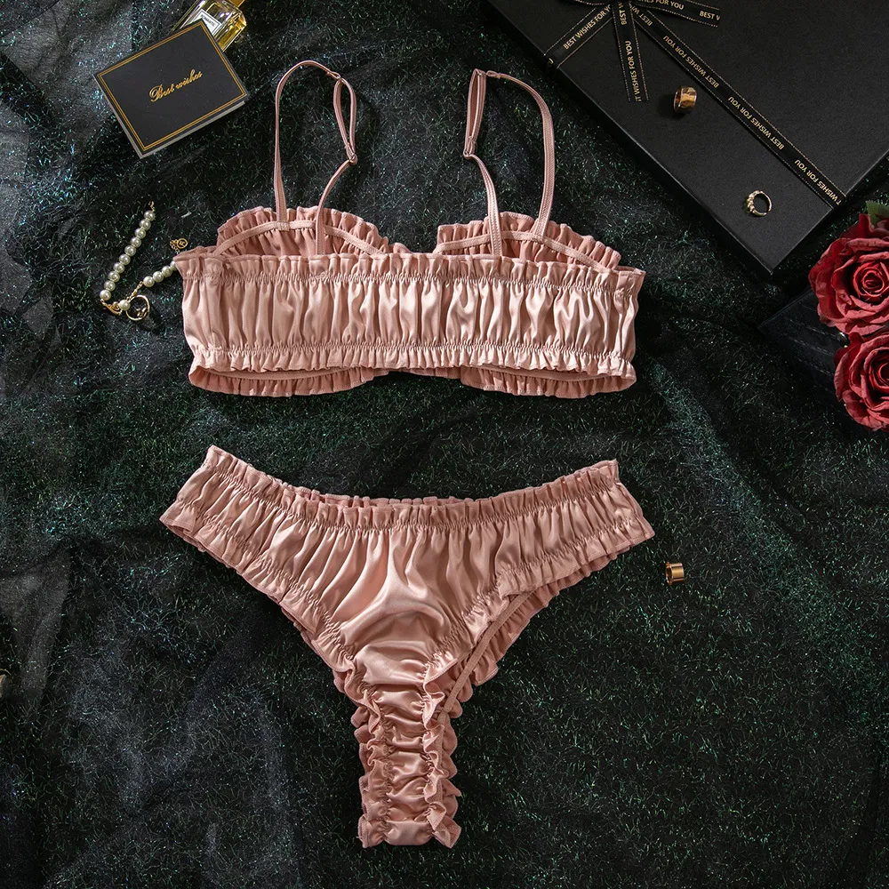 Sexy Two Piece Woman Bra Set Wholesale Solid Color Satin Luxury Lingerie
