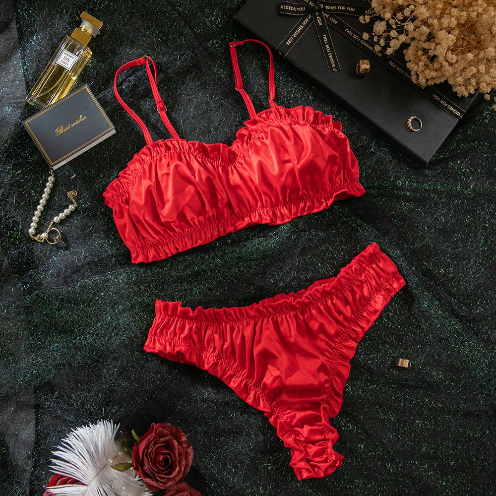 Sexy Two Piece Woman Bra Set Wholesale Solid Color Satin Luxury Lingerie