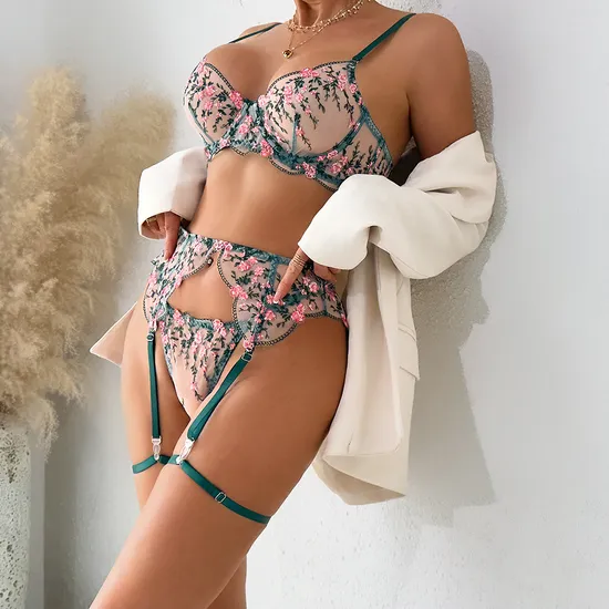 New Flower Embroidery Bra Brief Set Sexy High Quality See-Through Mesh Woman Lingerie