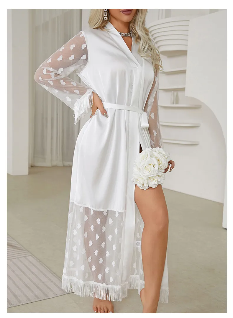 Wholesale Embroidery Love Woman's Sleepwear Sexy Satin Patchwork Transparent Mesh Sleeve Robe