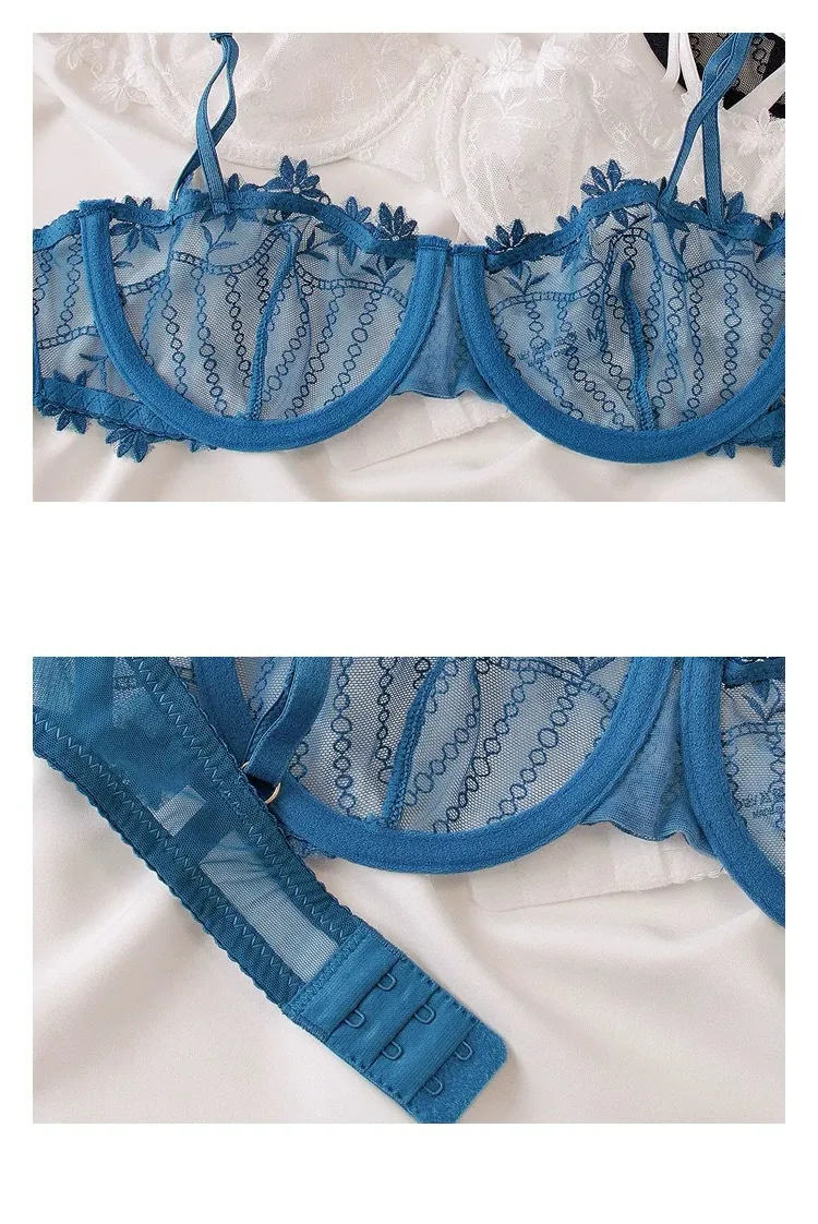 Wholesale French Half-Cup Embroidery Lace Ultra-Thin Romantic for Women Soft Sexy Bra Underwear Set Lingerie