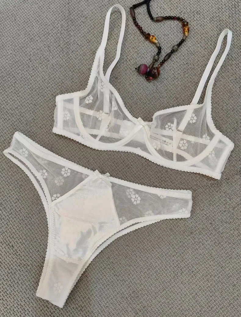 Hot Sell French Flocking Embroidery Lace Ultra-Thin Romantic Seduction for Women Soft Sexy Underwear Bra Set Lingerie