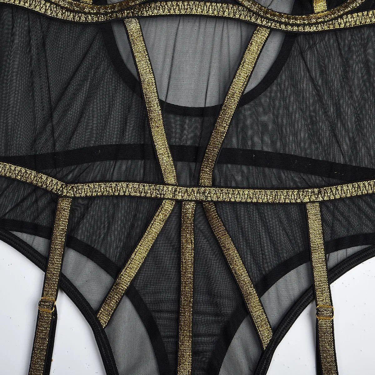 Sexy Wire Lines See-Through Mesh Patchwork Woman Bra Set Hot V-Neck One-Piece Lingerie