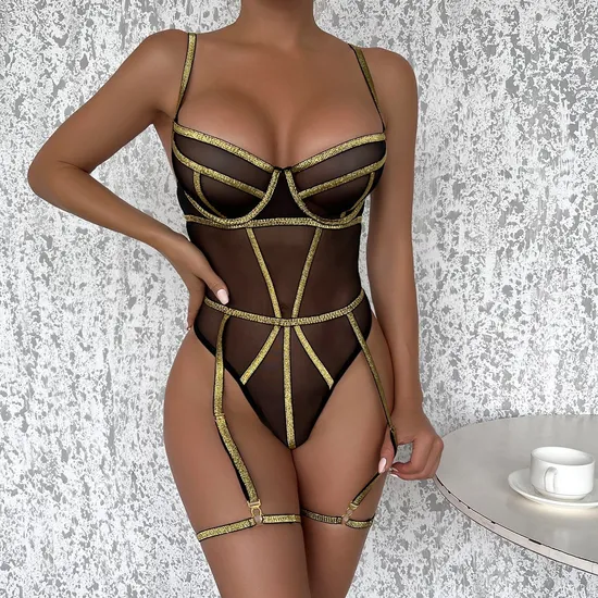 Sexy Wire Lines See-Through Mesh Patchwork Woman Bra Set Hot V-Neck One-Piece Lingerie