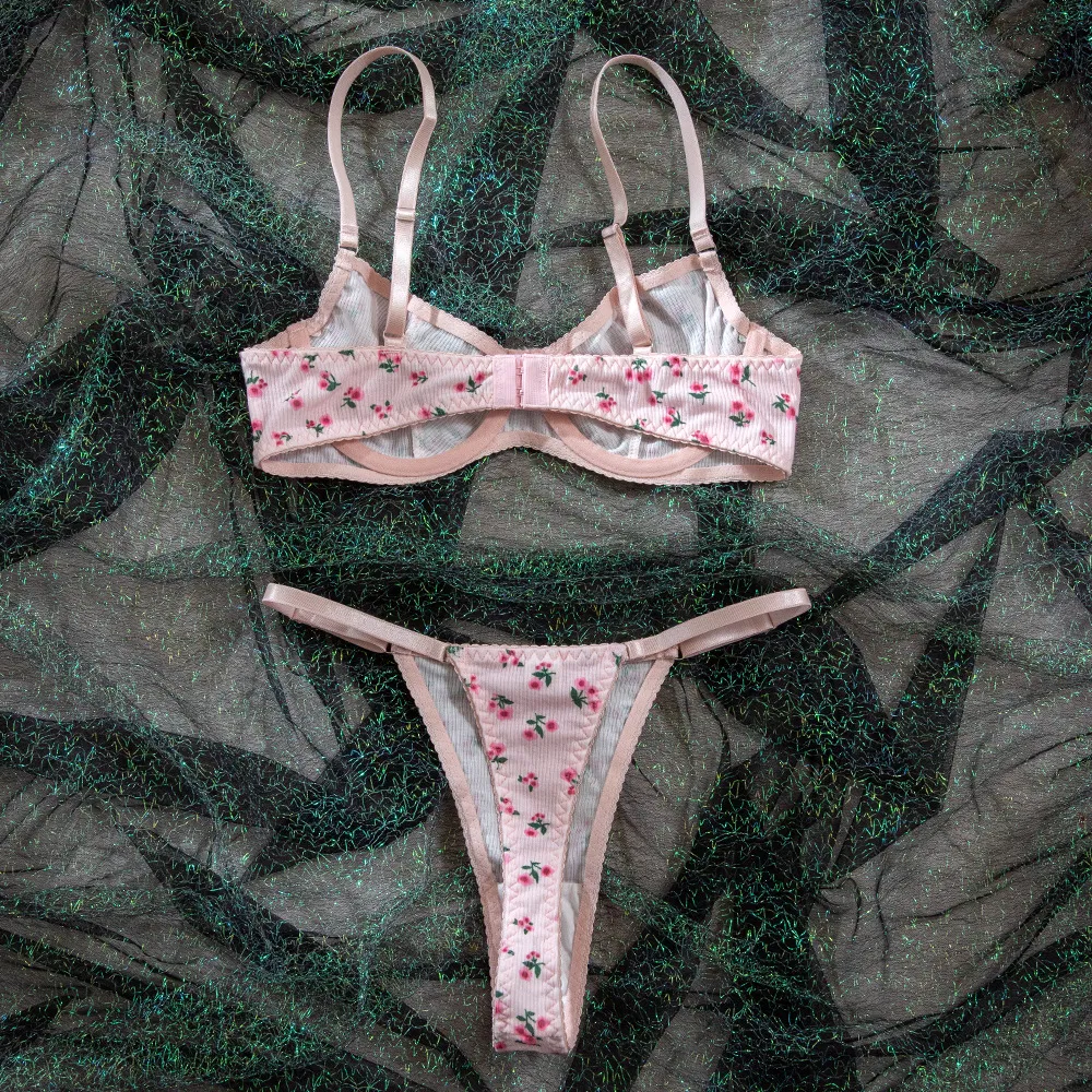 New Fashion Floral Print Two-Piece Bra Set Sexy See-Through Women Lingerie