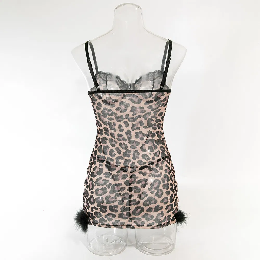 Sexy Leopard Print Transparent Feather Dress Bra Set Hot Suspender Women Lingerie