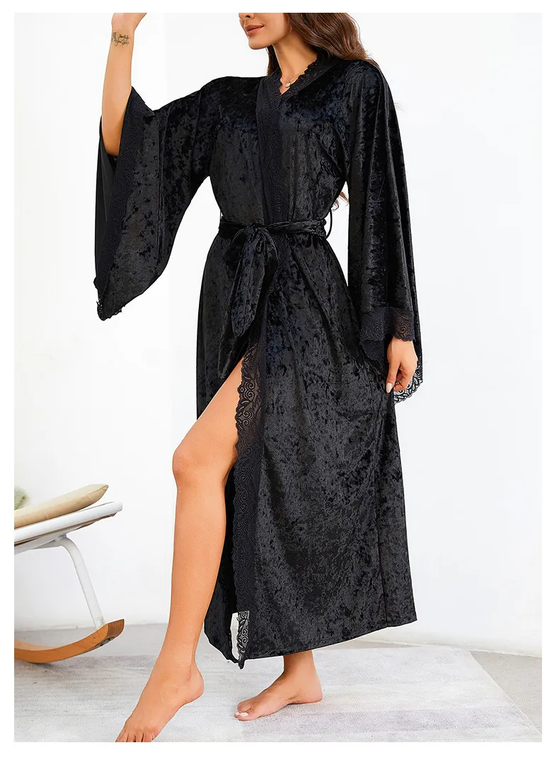 Sexy Luxury Sleepwear Nightwear Wholesale Velvet Lace Long Sleeve Woman Bath Robe