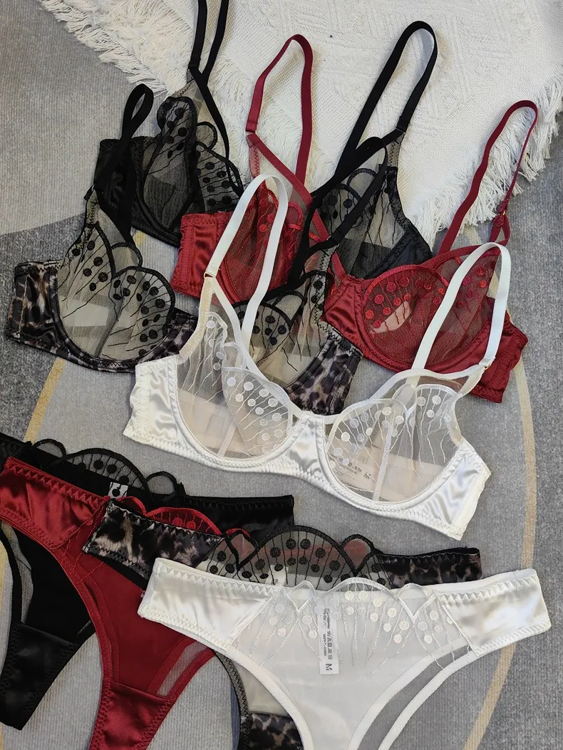 French See-Through Jacquard Lace Ultra-Thin Romantic Seduction for Women Soft Sexy Bra Underwear Set Lingerie
