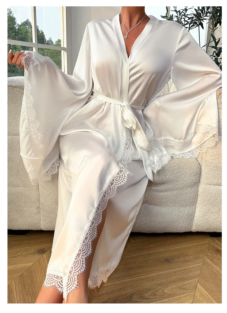 Sexy Satin Long Sleeved Sleepwear Nightwear Wholesale Luxury Solid Color Woman Bath Robe