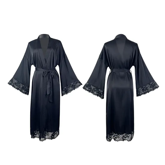 Wholesale Luxury Satin Long-Sleeved Women Sleepwear Nightwear Sexy V-Neck Lace Bath Robe