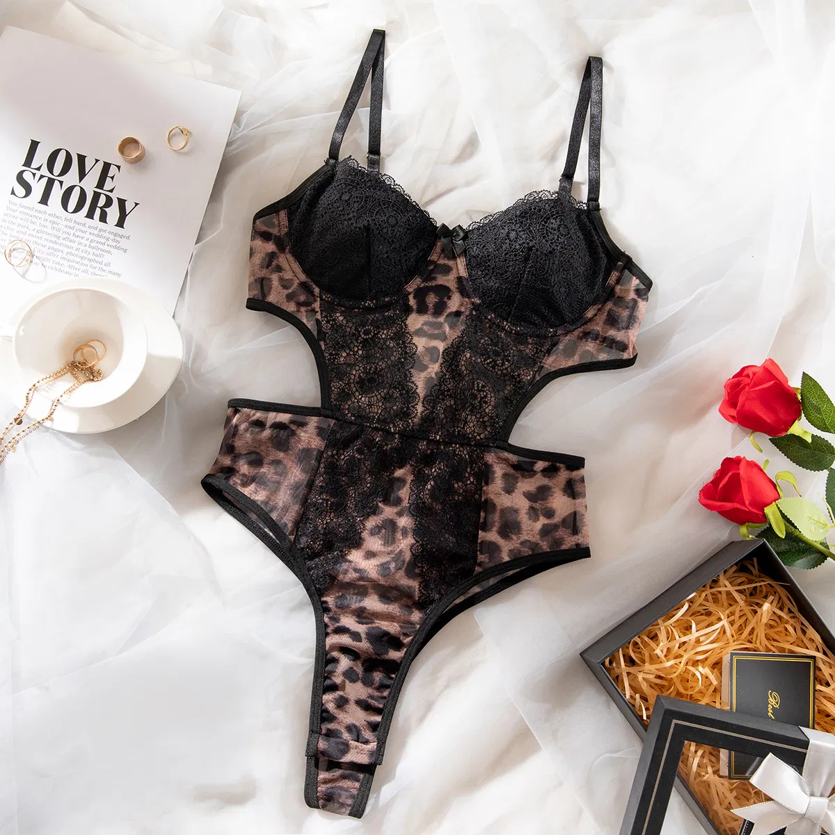 Wholesale Leopard Print Lace Patchwork Underwear Set Sexy Suspender One Piece Lingerie