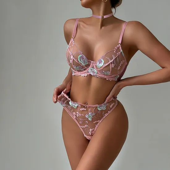 New Design Ultra-Thin Floral Embroidery Underwear Set Sexy Woman 2 Piece Lingerie