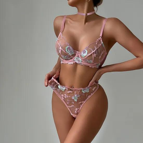 New Design Ultra-Thin Floral Embroidery Underwear Set Sexy Woman 2 Piece Lingerie