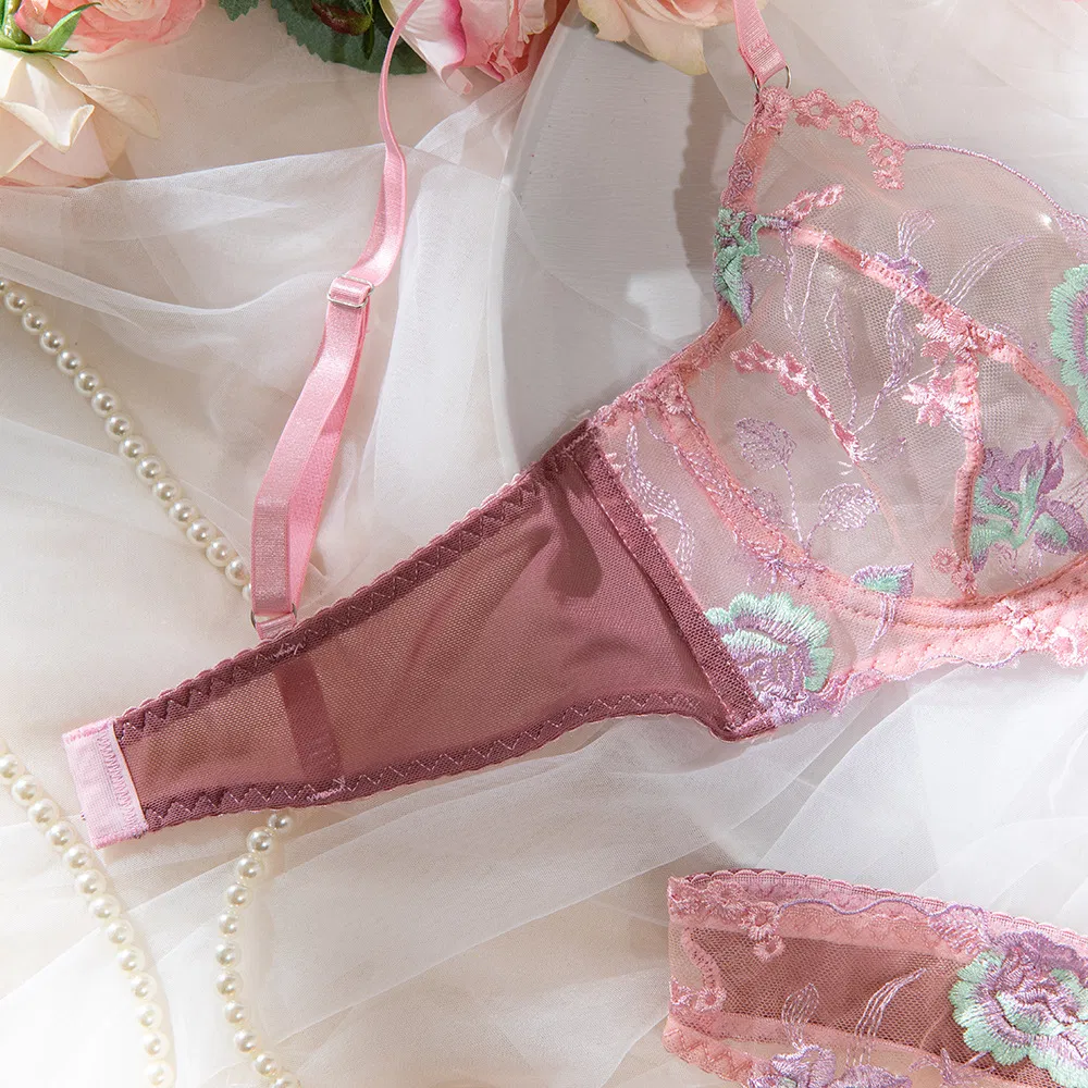 New Design Ultra-Thin Floral Embroidery Underwear Set Sexy Woman 2 Piece Lingerie
