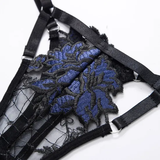 Wholesale Floral Embroidery Woman Bra Panty Set Sexy See-Through Garter Lingerie