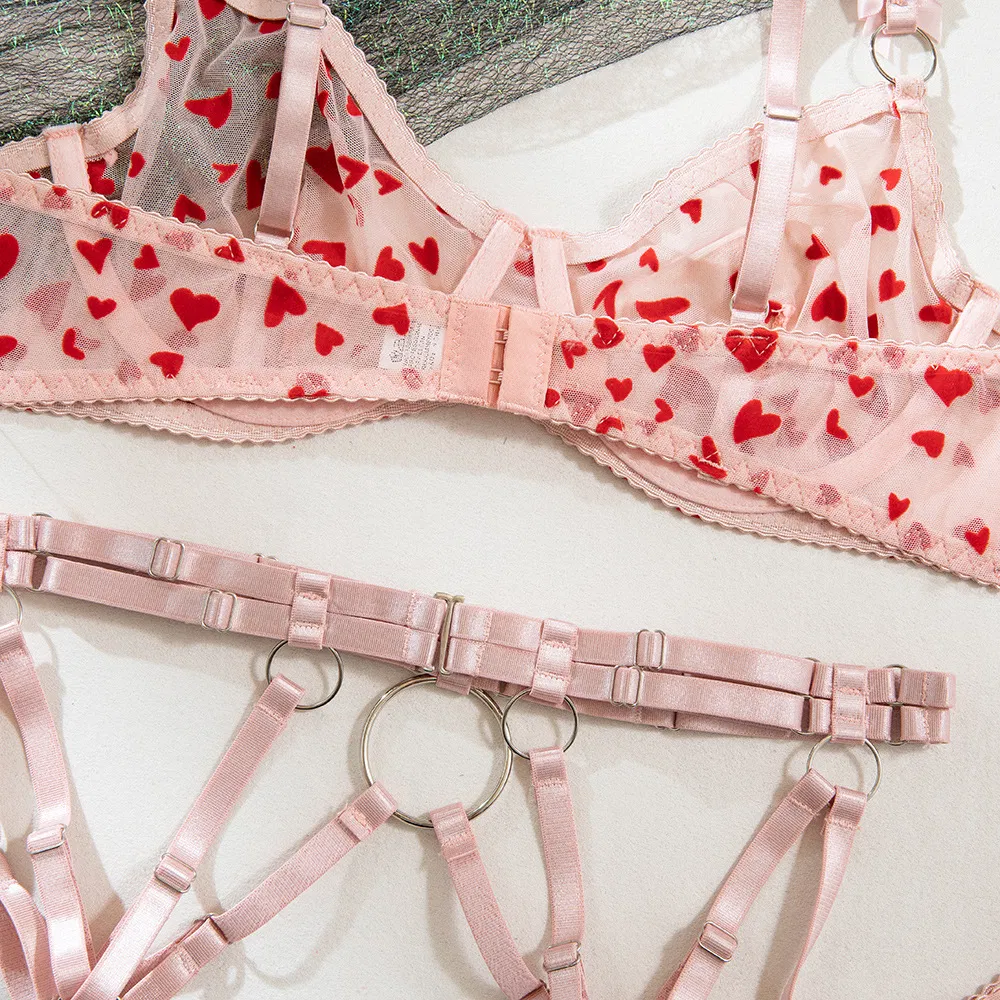 Sexy See-Through Women Bra Set with Embroidery New Red Heart Pattern Lingerie Set
