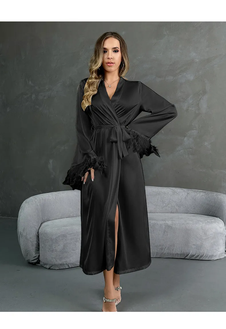 Wholesale V Neck Luxury Satin Sleepwear Sexy Long Sleeve Feather Cuff Women's Robe
