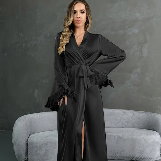 Wholesale V Neck Luxury Satin Sleepwear Sexy Long Sleeve Feather Cuff Women's Robe