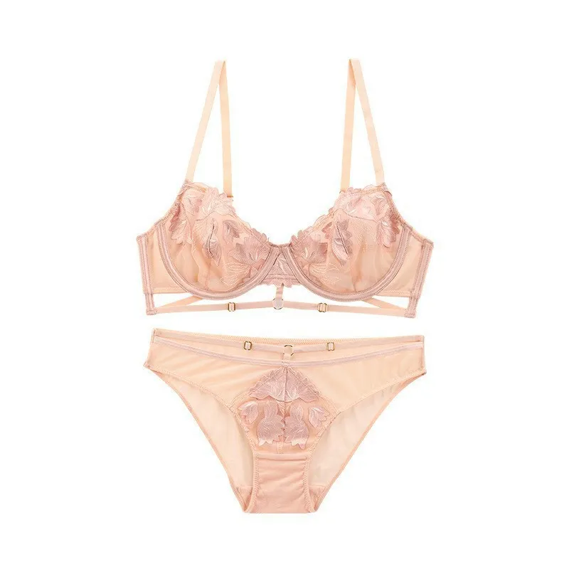 New Style French Romantic for Women Soft Embroidery Lace Trim Sexy Breathable Ultra-Thin Bra Underwear Set Lingerie