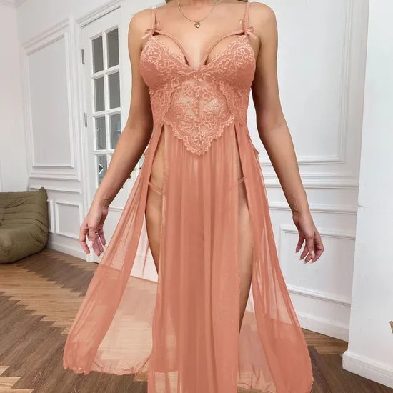 Sexy See Through Mesh Long Lingerie Women Sleepwear Hot V-Neck Embroidered Lace Nightwear