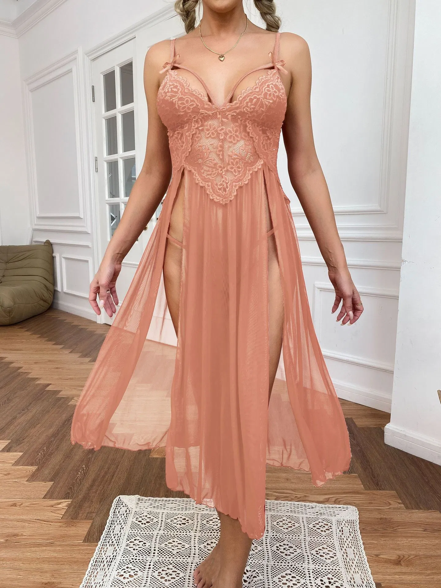Sexy See Through Mesh Long Lingerie Women Sleepwear Hot V-Neck Embroidered Lace Nightwear