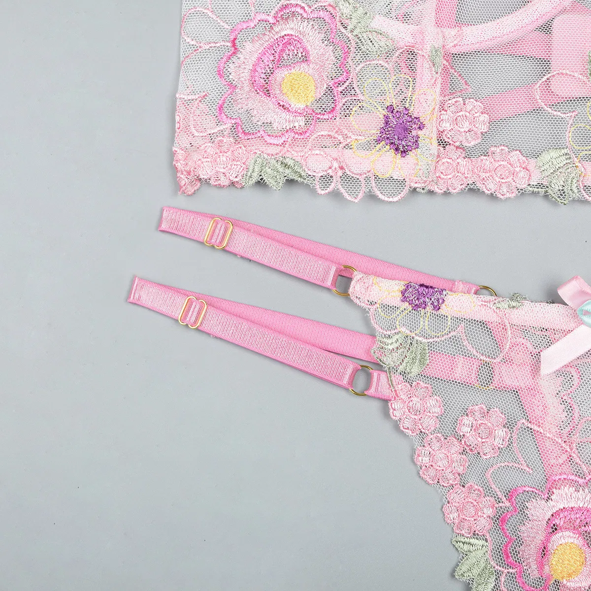 Wholesale Floral Embroidery See-Throug Underwear Set for Woman Sexy Fishbone Lingerie