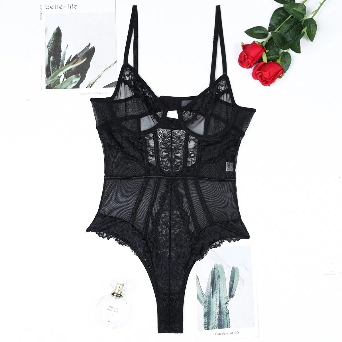 Wholesale Embroidered Perspective Mesh Bra Set Sexy One Piece Woman Lingerie