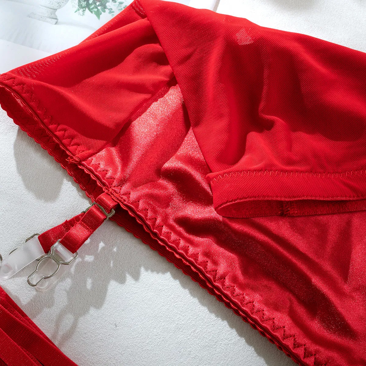 Seduction Satin Patchwork Mesh See-Through Thongs Five-Piece Set for Women Bra Breathable Ultra-Thin Sexy Underwear Lingerie