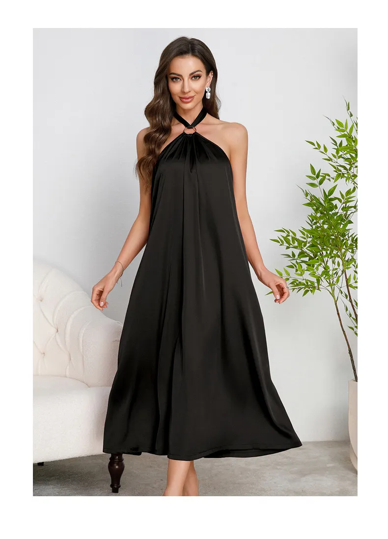 Wholesale Hanging Neck Backless Women's Nightwear Sexy Solid Color Satin Sleepwear
