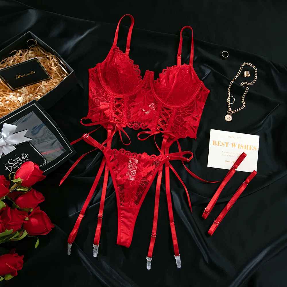 Hot Solid Color Fish-Bone Women Bra Set Sexy Erotic Strap Cross Embroidered Lingerie
