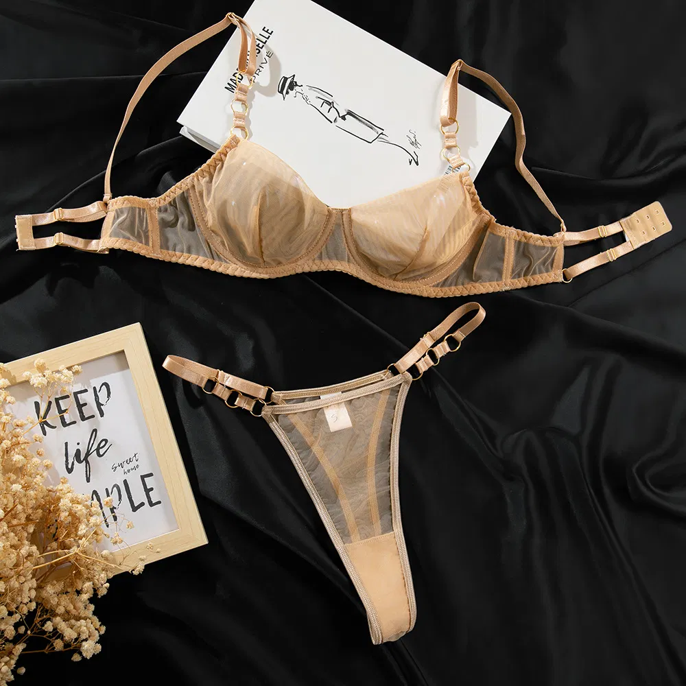 Sexy See-Through Mesh Suspender 2 PCS Bra Set New Style Solid Color Woman Lingerie