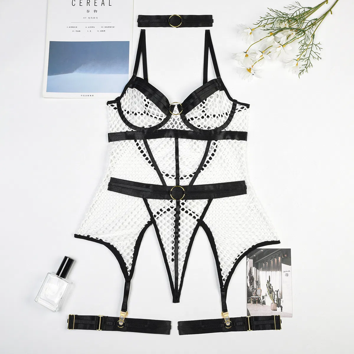 Wholesale Deep-V Woman Underwear Set Sexy Erotic See-Through Fishnet Lingerie