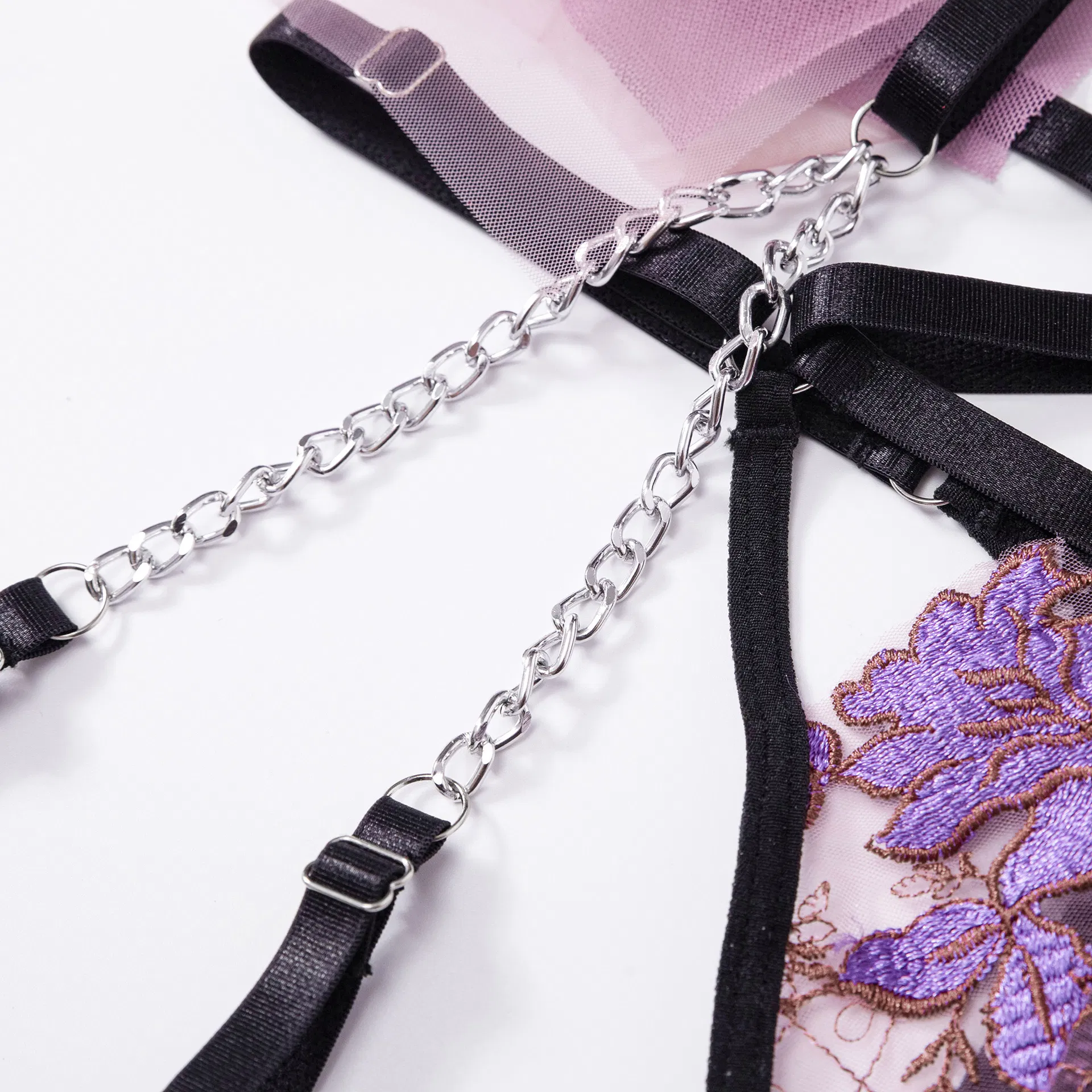 Sexy Floral Embroidery See Through Bra Panty Set Wholesale Luxury Chain Women Lingerie